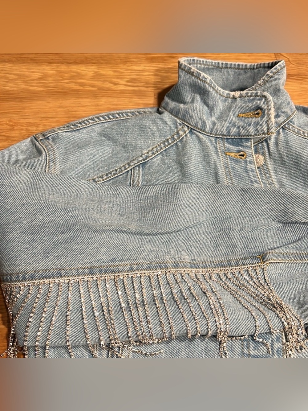 FREE PEOPLE Rhinestone Fringe COMET Denim Bomber Jacket - Picture 13 of 16